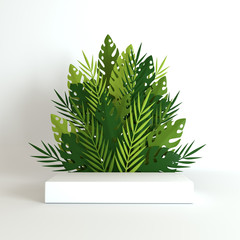 Leinwandbilder - Tropical paper palm, monstera leaves and flowers frame, podium platform for product presentation. Summer tropical leaf. Origami exotic jungle, summertime background. Paper cut 3d render