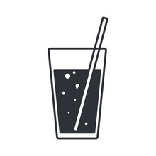 Glass With Water And A Straw With Bubbles. Silhouette Icon In Flat Style.