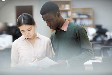 Waist up portrait of two diverse business people discussing project in office, copy space