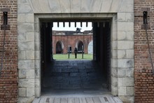 Civil War Canon Visible Through The Drawbridge Entrance To A Confederate Fort.