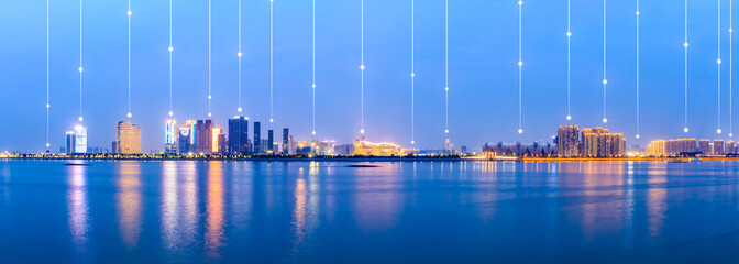 Modern city with wireless network connection concept,Hangzhou
