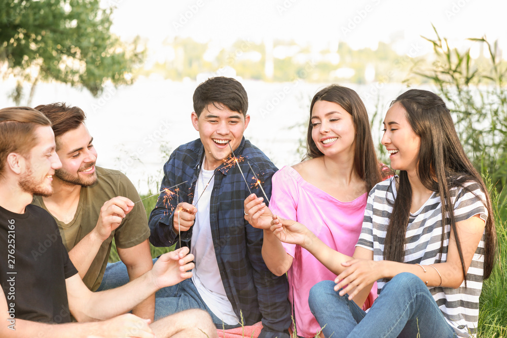 Happy friends with sparklers on picnic in park