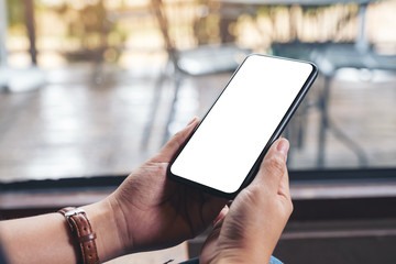 Mockup image of woman's hands holding black mobile phone with blank desktop screen