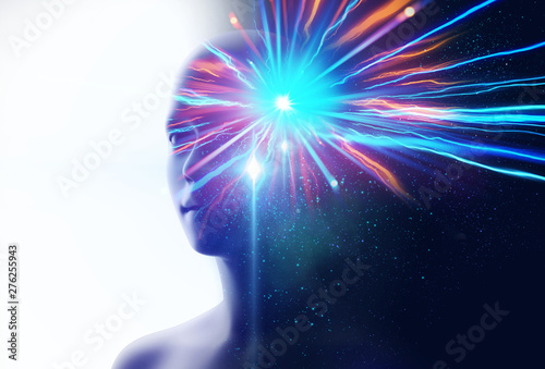 Fotomural silhouette of virtual human and nebula cosmos 3d illustration