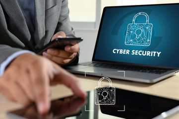 Poster - CYBER SECURITY Business, technology, internet and networking concept. Young businessman working on his laptop