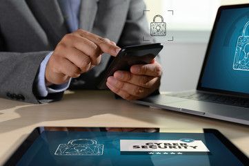 Poster - CYBER SECURITY Business, technology, internet and networking concept. Young businessman working on his laptop