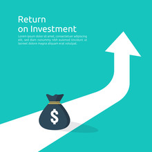 Income Salary Dollar Rate Increase Statistic. Business Profit Growth Margin Revenue. Finance Performance Of Return On Investment ROI Concept With Arrow. Cost Sale Icon Flat Style Vector Illustration