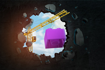 Fototapete - 3d rendering of hoisting crane carrying purple toy block and breaking wall leaving hole with blue sky seen through.