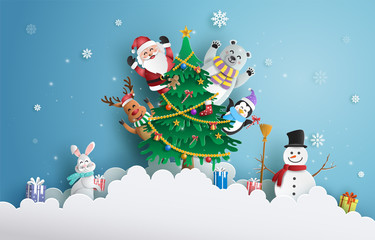 Paper art style of Santa Claus and friends with Christmas tree and snowflake background, Merry Christmas and Happy New Year concept.