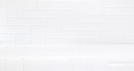 Aufkleber - 3D luxury white tile table studio background textured for product display with copy space for display of content design.Banner for advertise product on website.3d rendering.