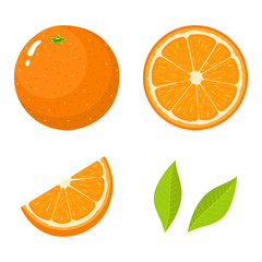 set of fresh whole, half, cut slice and leaves orange fruit isolated on white background. tangerine.
