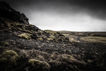 Stony rocky desert landscape of Iceland. Toned