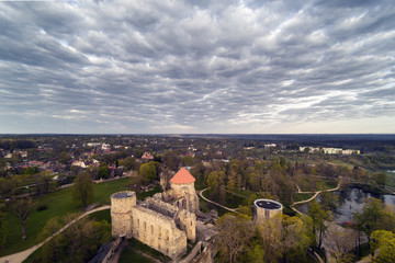 Cesis castle and park in morning light, Latvia.