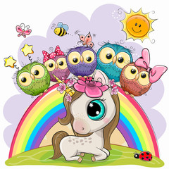 Wall Mural - Cartoon Unicorn and Five Cute Owls is sitting on a rainbow