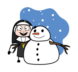 Wall Mural - Standing with Snowman - Cartoon Nun Lady Vector Illustration