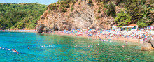 Panorama Of Mogren Beach In Budva, Montenegro - One Of The Most Popular On The Budva Riviera.