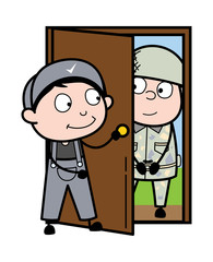 Wall Mural - Welcoming a Soldier in the House - Retro Repairman Cartoon Worker Vector Illustration