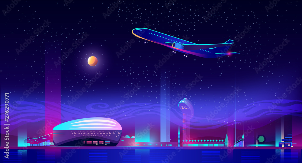 Airplane take off from airport runway at neon night city view ...