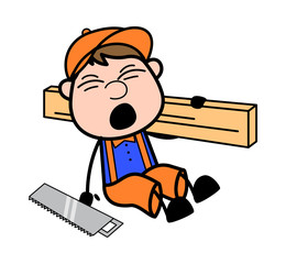 Wall Mural - Fall Down While Carrying a Large Wooden Plank - Retro Cartoon Carpenter Worker Vector Illustration