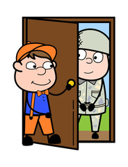 Wall Mural - Boy Oening Door to Welcome a Soldier - Retro Cartoon Carpenter Worker Vector Illustration