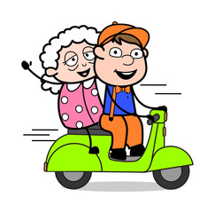 Wall Mural - Riding Scooter with Old Lady - Retro Cartoon Carpenter Worker Vector Illustration