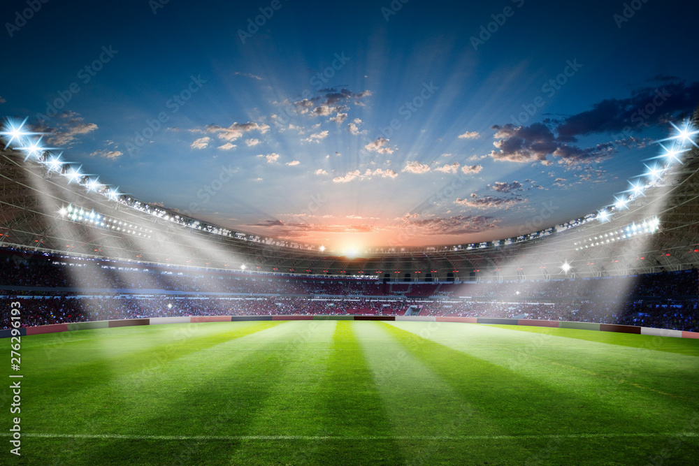 Football Stadium 3d rendering soccer stadium with crowded field arena - obrazy, fototapety, plakaty 