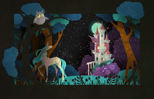 Book Cover Fairy Tale Illustration Unicorn In Front Of Castle, Dragon, Night Sky And Moon