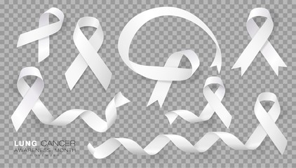 Lung Cancer Awareness Month. White Color Ribbon Isolated On Transparent Background. Vector Design Template For Poster.