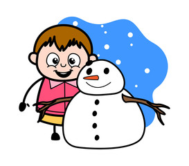 Wall Mural - Standing with Snowman - Teenager Cartoon Fat Boy Vector Illustration