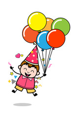 Canvas Print - Holding Balloons and Jumping in Excitement - Teenager Cartoon Fat Boy Vector Illustration