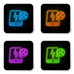 Poster - glowing neon power bank with screwdriver and wrench icon isolated on white background. adjusting, se