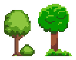 Aufkleber - Tree and bush symbol of pixel game, forest element of decoration, green wood and grass, pixelated nature symbol on white, environment object vector