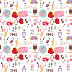 Naklejka na meble Girl fashion accessories casual woman style shopping items and beautiful cosmetic or makeup tools seamless pattern background vector illustration.
