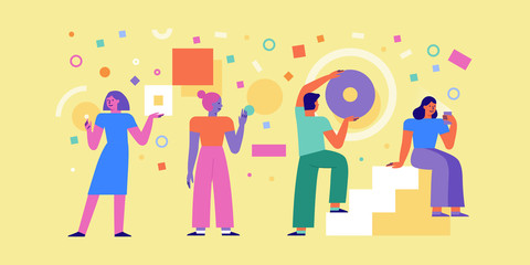 Poster - Vector illustration in simple flat style - teamwork and development concept - people holding  abstract geometric shapes