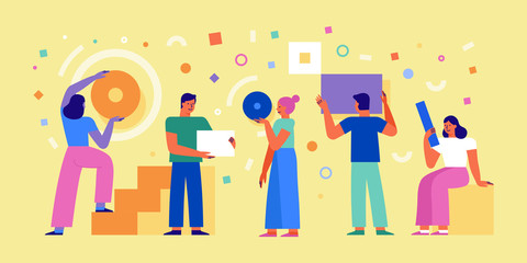 Poster - Vector illustration in simple flat style - teamwork and development concept - people holding  abstract geometric shapes