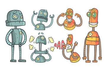 Poster - Vector set with robots in outline style with colorful fill. Gray and orange mechanical androids with different emotions