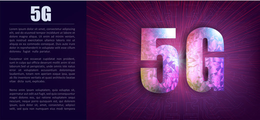 Poster - 5G new wireless internet wifi connection. 5g superspeed data channel. Wireless speed loop connect. Abstract polygonal light 5G WiFi sign. Business wireframe mesh spheres from flying debris. vector 