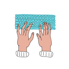 Poster - Hands and keyboard. Coding, development, hackathon, freelance worker. Vector contour line illustration for banner, poster.