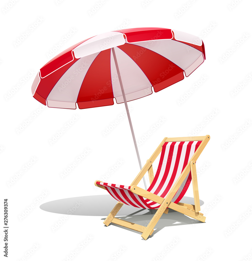 Beach chaise longue and sunshade for summer rest. Wooden deck chair. Vacation accessory. Summertime relax. Relaxation equipment. Isolated on white background. Eps10 vector illustration. - obrazy, fototapety, plakaty 