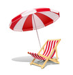 Beach chaise longue and sunshade for summer rest. Wooden deck chair. Vacation accessory. Summertime relax. Relaxation equipment. Isolated on white background. Eps10 vector illustration.