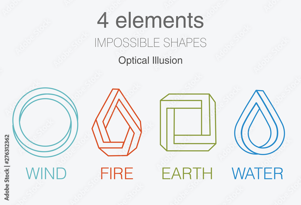 Nature infographic elements on dark background. Impossible shapes and optical illusion. Line symbols with air, fire, earth, water. Alternative energy sources and eco logo - obrazy, fototapety, plakaty 