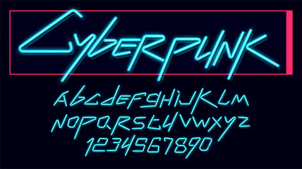 Vector neon cyber font and alphabet. luminescent cyberpunk 2077 font.