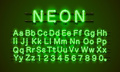 Wall Mural - Neon font city. Neon green font. Lamp green font. Alphabet font.