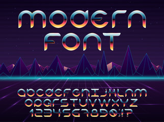 Leinwandbilder - Color, bright font in the old style. Vector, vintage alphabet. Style 80 s, 90 s retro posters. Color gradient. Futuristic style.