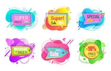 Poster - Set of watercolor sale labels on abstract liquid shapes isolated. Mega discounts and final price, special offer percent off promo adverts on color tags
