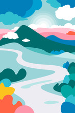 Mountain Landscape With A Curving River In The Foreground And The Forests Framing It. Cumulus Clouds. The Poster On The Theme Of Tourism, Recreation, Environmental Protection. Landscape On Earth Day. 