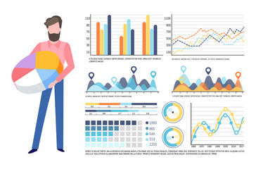 Poster - analysis of data, visualized information vector. schema and explanation, man with pie diagram and co