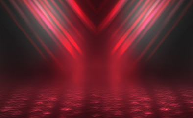 Poster - Empty background scene. Dark reflection of the street on the wet asphalt. Rays of red neon light in the dark, neon figures, smoke. Background of empty stage show. Abstract dark background.