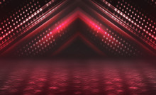 Empty Background Scene. Dark Reflection Of The Street On The Wet Asphalt. Rays Of Red Neon Light In The Dark, Neon Figures, Smoke. Background Of Empty Stage Show. Abstract Dark Background.