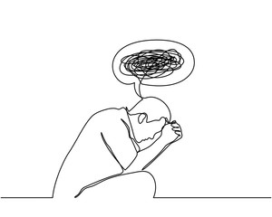 Poster - Continuous line drawings of man feeling sad, tired and worried about suffering from depression in mental health. problems, failures and concepts of heartbreak isolated on white background